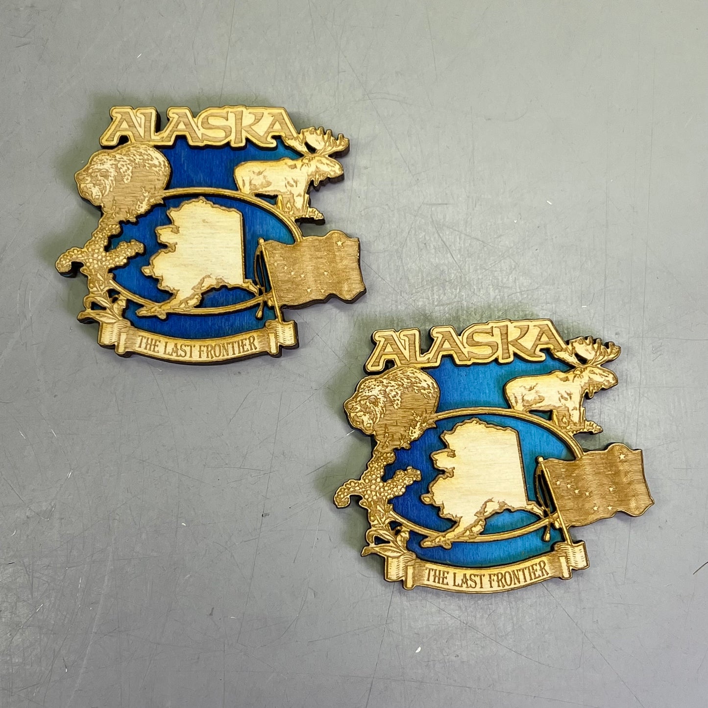 (2 PACK) The Last Frontier Laser Cut Wood Magnet Souvenir JUNEAU,AK Made In USA