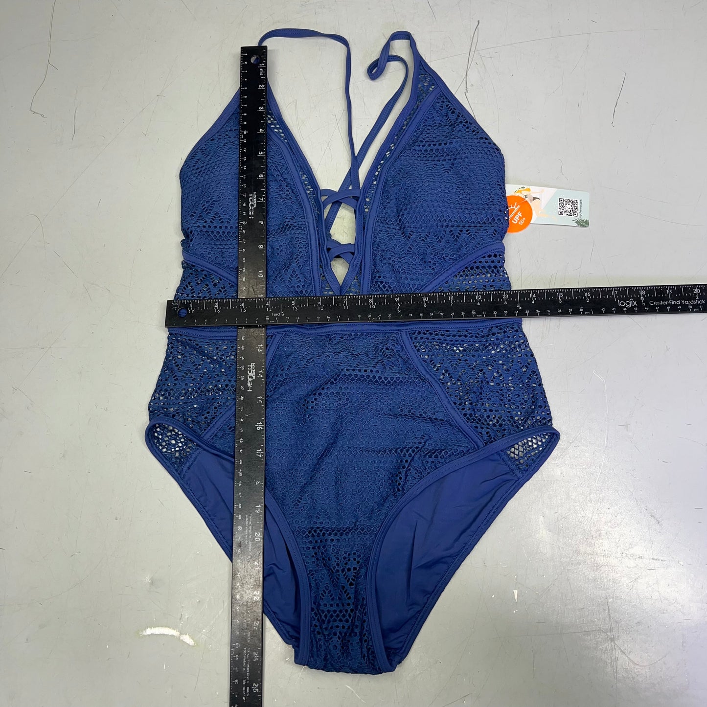 CHARMO Solid Cross Plunge Crochet One Piece Swimsuit Women's Sz S Blue