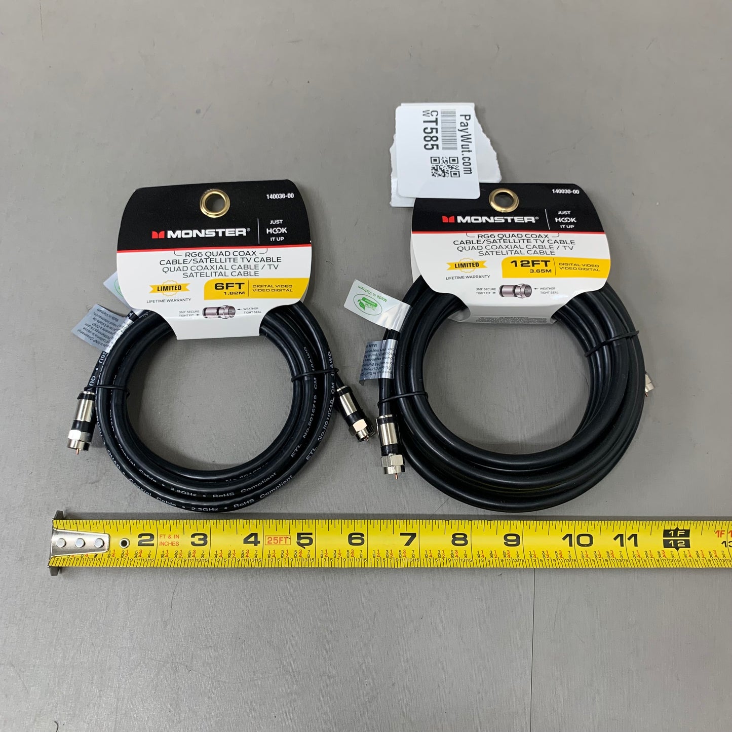 MONSTER (2Pack) RG6 Quad Coax Satellite Tv Cables 6ft, 12ft Black 140036-00,140030-00