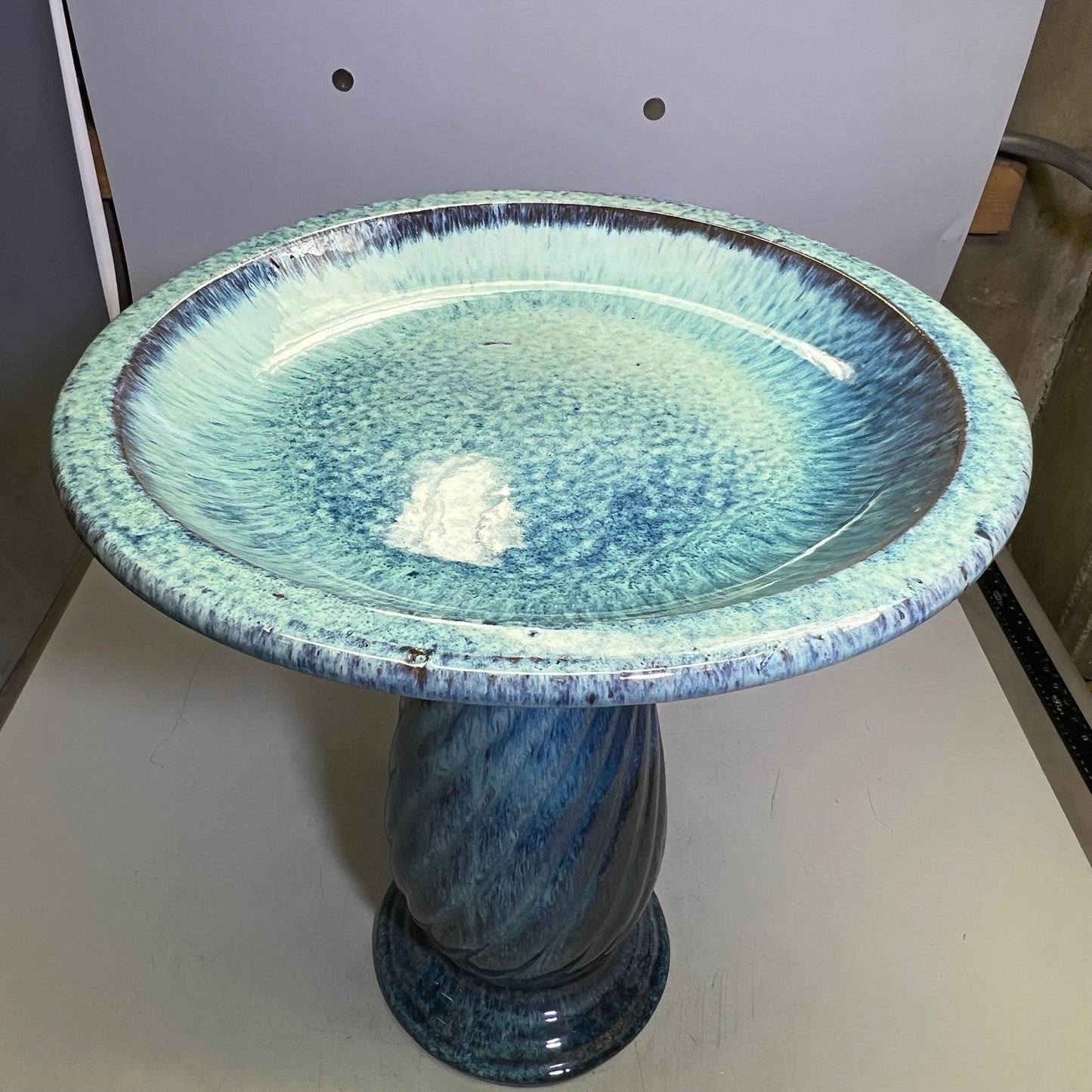ZA@ Glazed Pottery 2 Piece Swirl Bird Bath 22" L x 20" Dia  Aqua Blue/Navy A