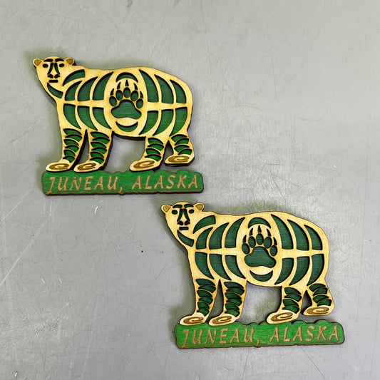 (2 PACK) Grizzly Bear & Paw Lasered Wood Magnet Souvenir JUNEAU, AK Made In USA
