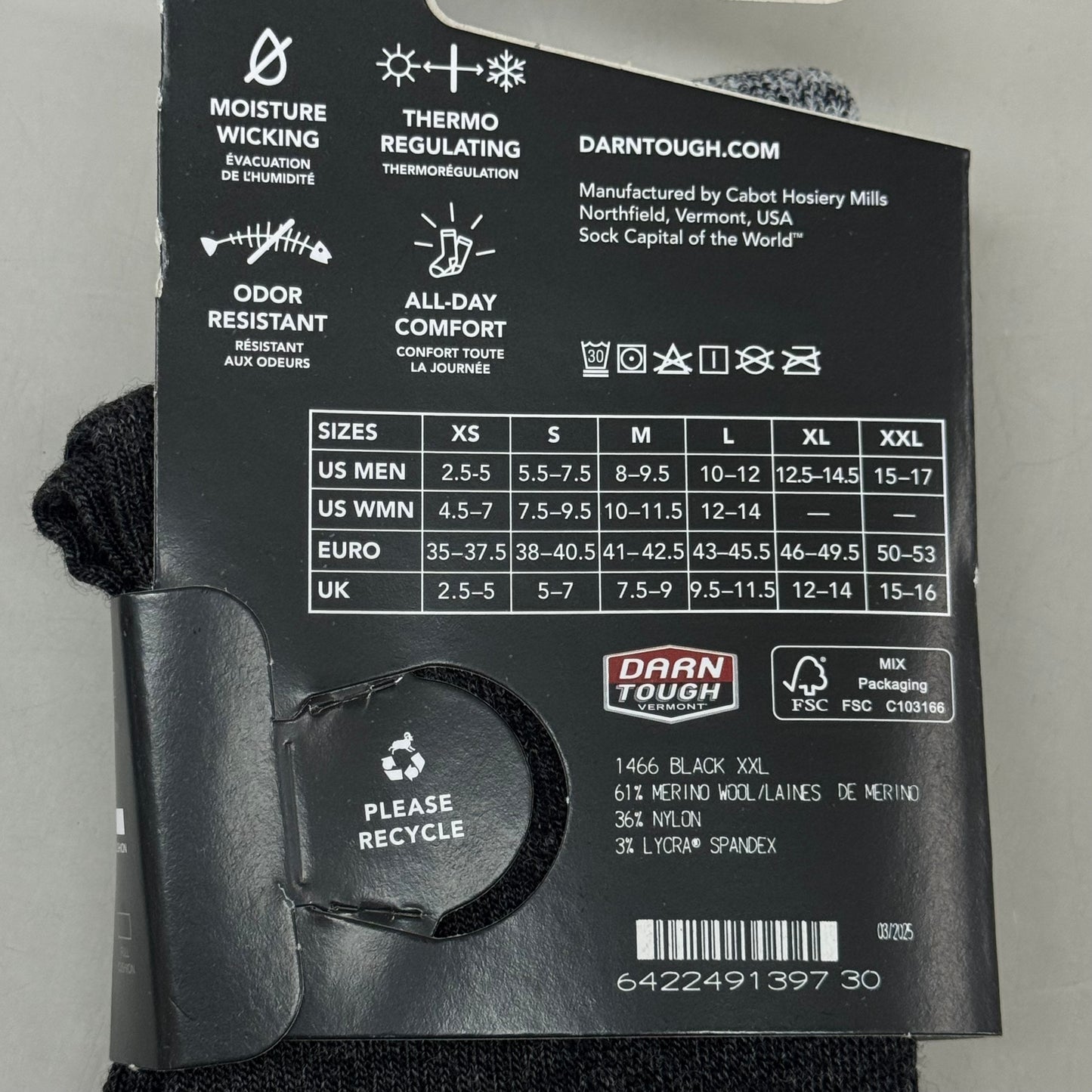 DARN TOUGH Hike/Trek Socks Micro Crew Midweight Merino Wool Men SZ XXL 15-17 Black/Grey