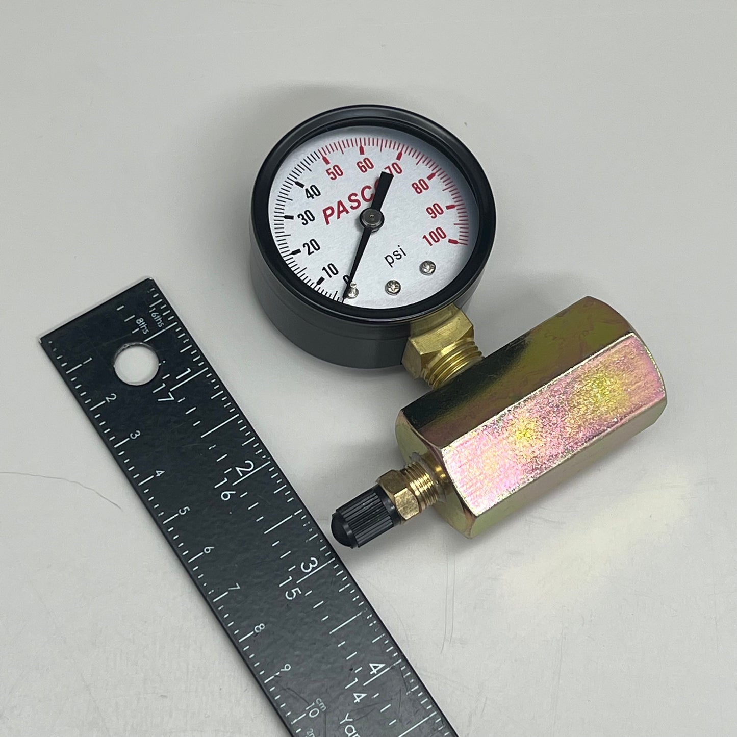 PASCO Air Test gauge 1/4" MPT Brass Connection 3/4" FPT HEX Body 2" 100 PSI 1421