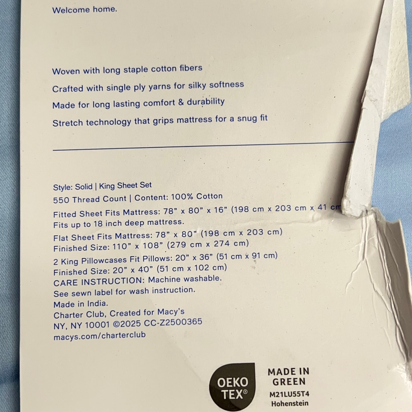 CHARTER CLUB 100% Cotton Damask Collection Sheet Set King Light Blue (New Other)