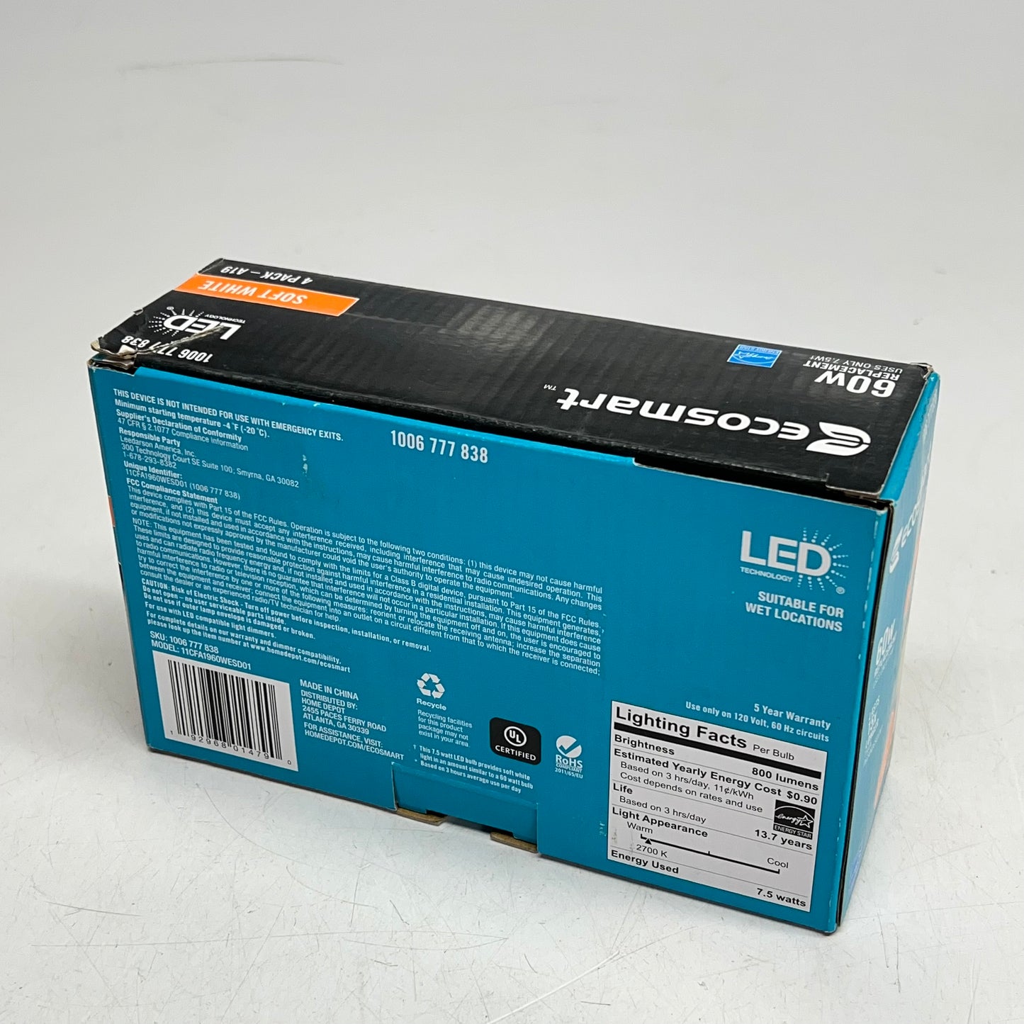 ZA@ ECOSMART (SET OF 4) Energy Efficient Led Bulbs  60W A19 Dimmable Soft White 1006777838