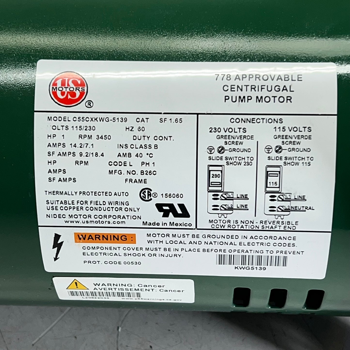 US MOTORS Commercial Grade Motor 115/230V 3450 RPM Green C55CXKWG-5139