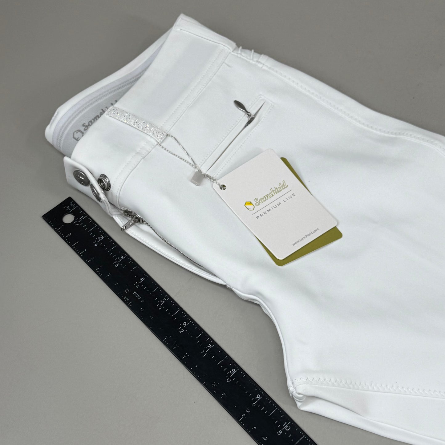 SAMSHIELD Clara Premium Knee Grip Equestrian Pants Women's Sz US 26 White Blazon