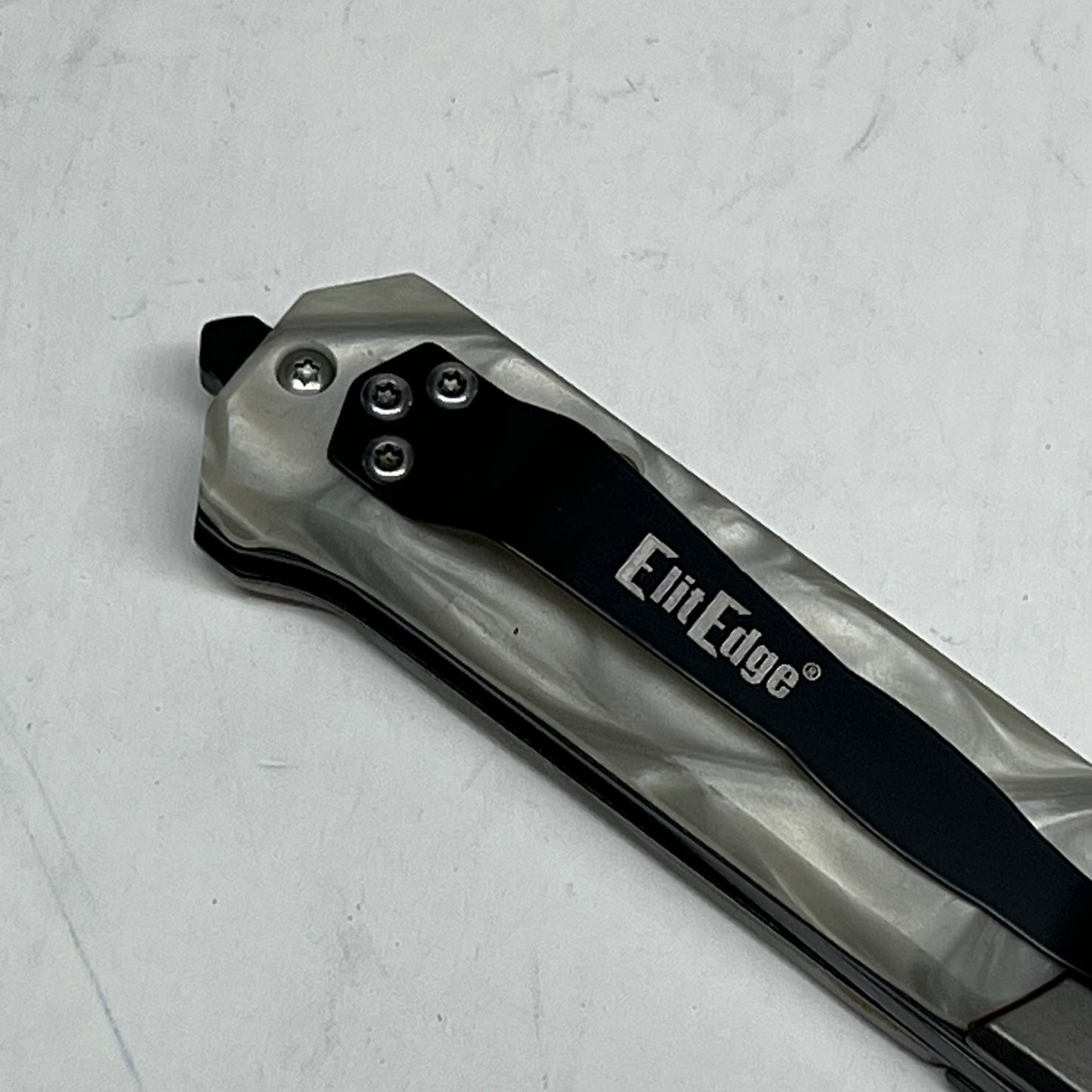 ZA@ ELITE EDGE  Liner Lock Knife Assist Open Faux Mop Handles  5.5" Long White Marble 10-A106WP