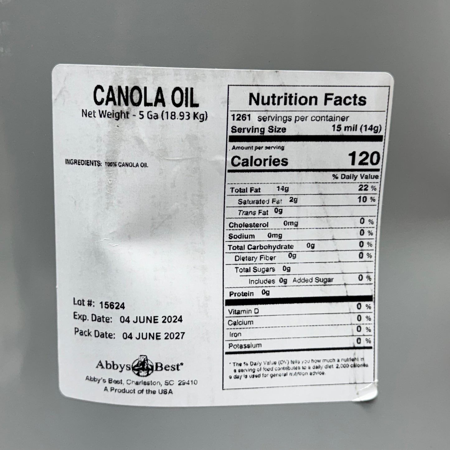 ABBY’S BEST (5 Gal) Canola Oil BB 06/27