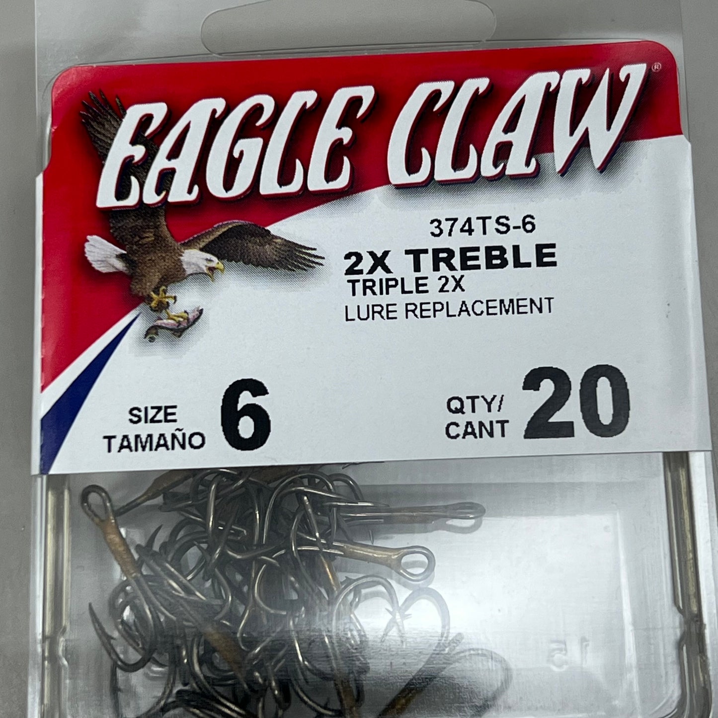 EAGLE CLAW (5 PACK) Curved Point 2X Treble Lure Repla Bronze #6 20 pc 374TS-6