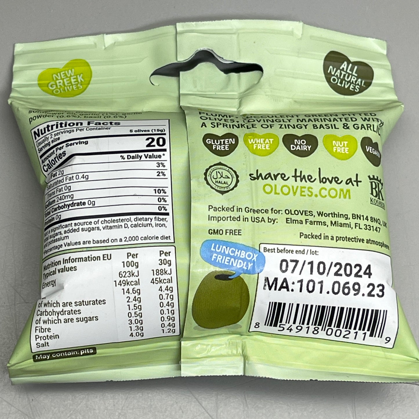 OLOVES (10 PACK) Natural Pitted Basil & Garlic Olives 1.1 oz BB 07/10/24
