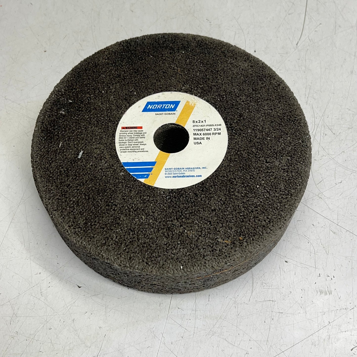ZA@ NORTON Grinding Wheel Made In Usa 6000 RPM 8" X 2" X 1" ZFIC1421-P5BS-X348 (Water Damaged to Packaging) B