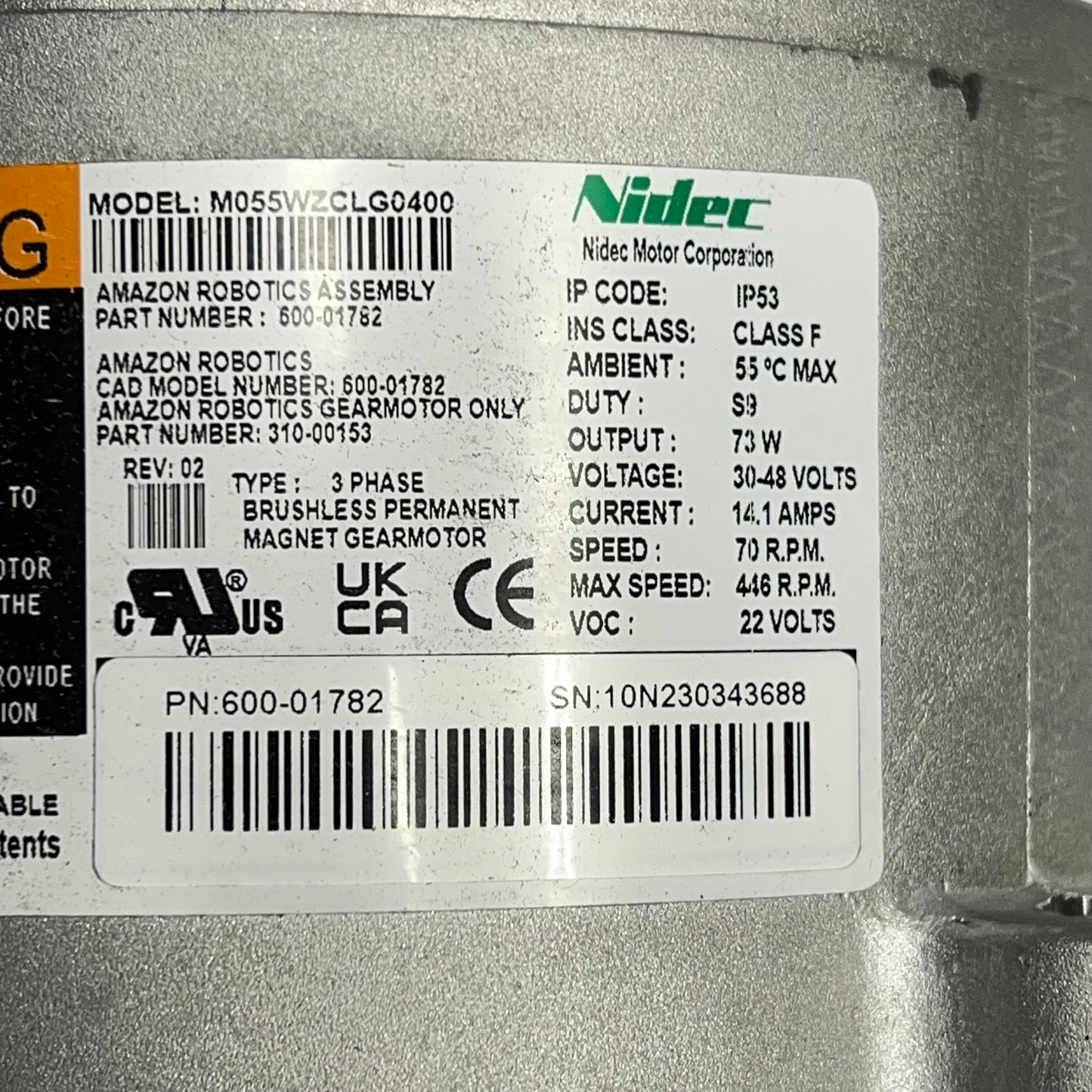 NIDEC Brushless Permanent Magnet Gear Motor 3 Phase 30-48V 600-01782