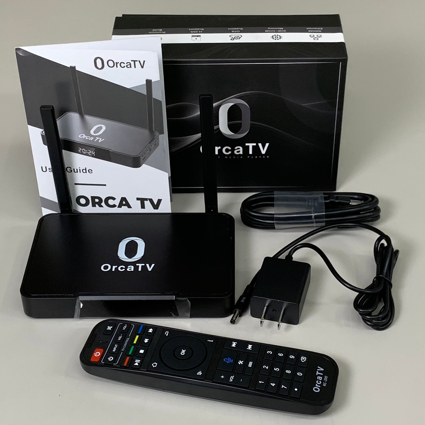 ORCA TV Smart Media Player Package Voice Control Remote Power Adaptor HDMI Cable