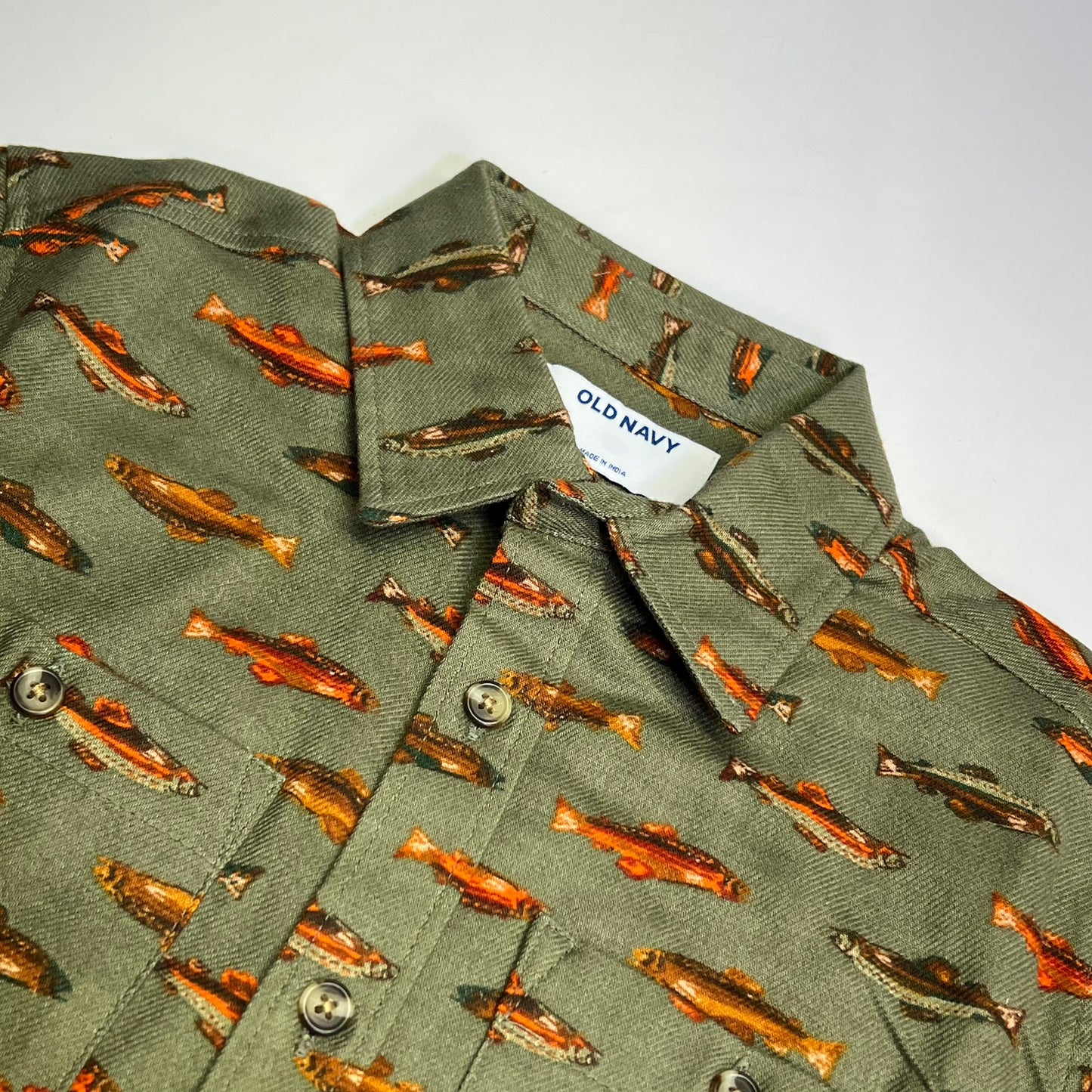 OLD NAVY Printed Fish Pattern Long Sleeve Fennel Pocket Shirt Boy's Sz XS Green