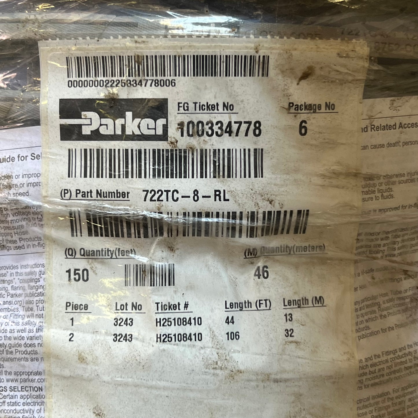 PARKER Hydraulic Hose 4000 PSI 1/2" I.D 100 ft Black 722TC-8-RL