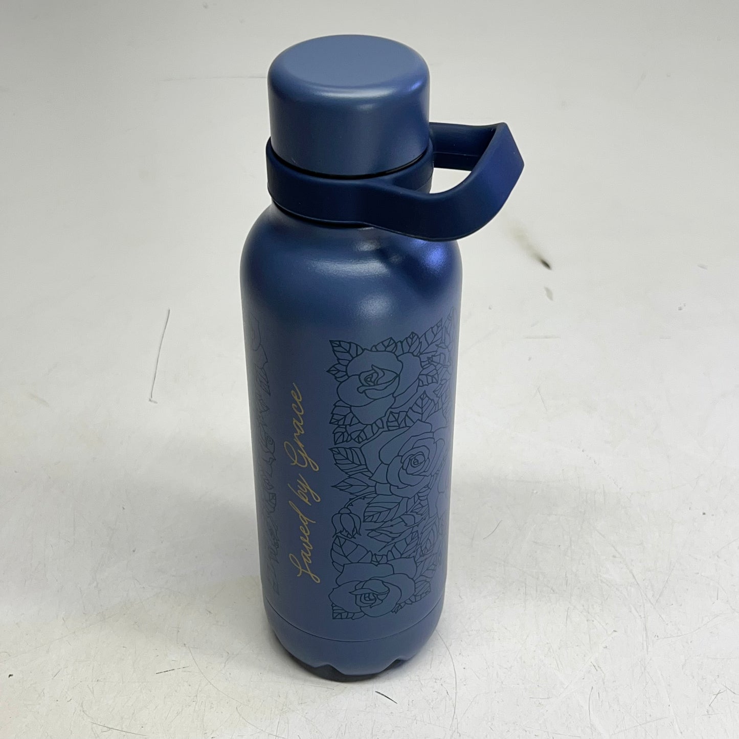 CHRISTIAN ART GIFTS Saved By Grace Floral Stainless Steel Water Bottle 24oz Bl|ue
