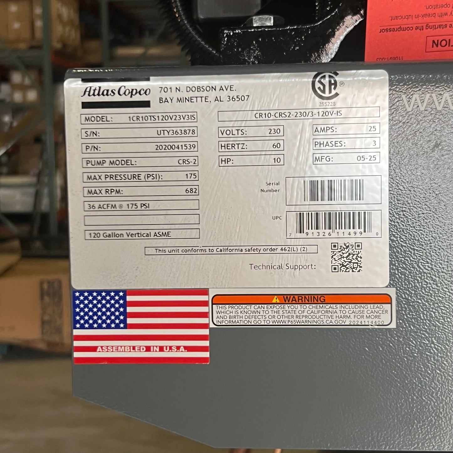ATLAS Copco Air Compressor Vertical Tank-mounted 120 Gal. 1CR10TS120V23V3IS, Grey CRS-2