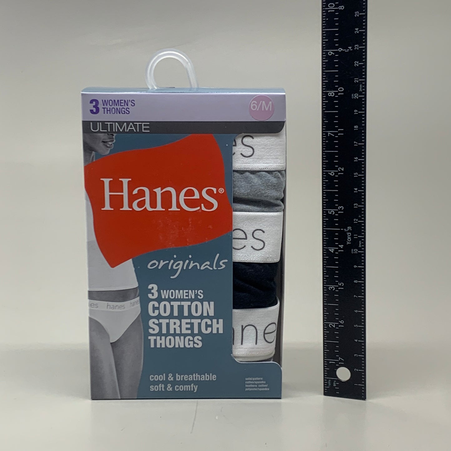 HANES 3 PACK!! Originals Women's Breathable Cotton Stretch Thongs Underwear Sz 6/M Black/Heather/Stripe 45U0BT