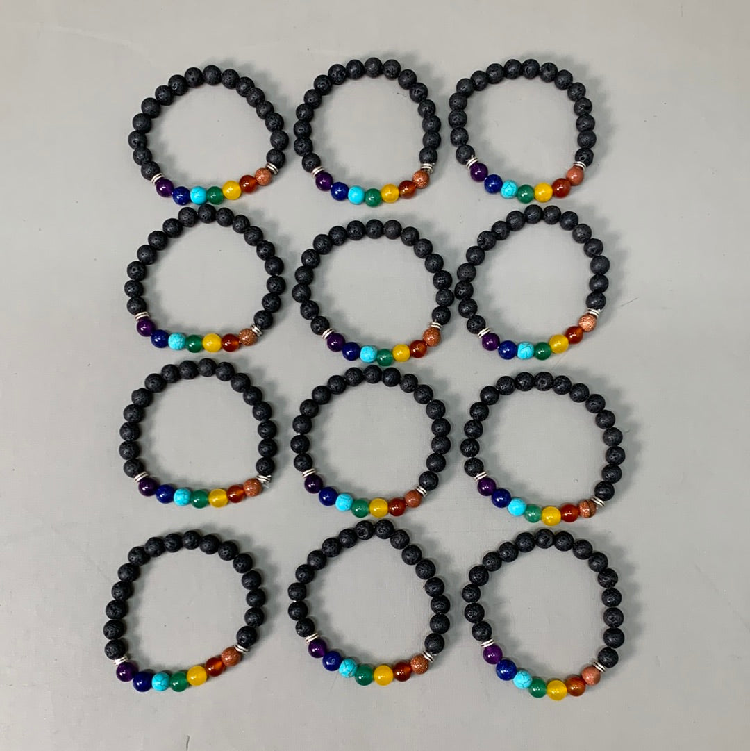 BEST WHOLESALE (12 PACK) Beaded Matte Black-Rainbow Crystal Bracelets 3" New