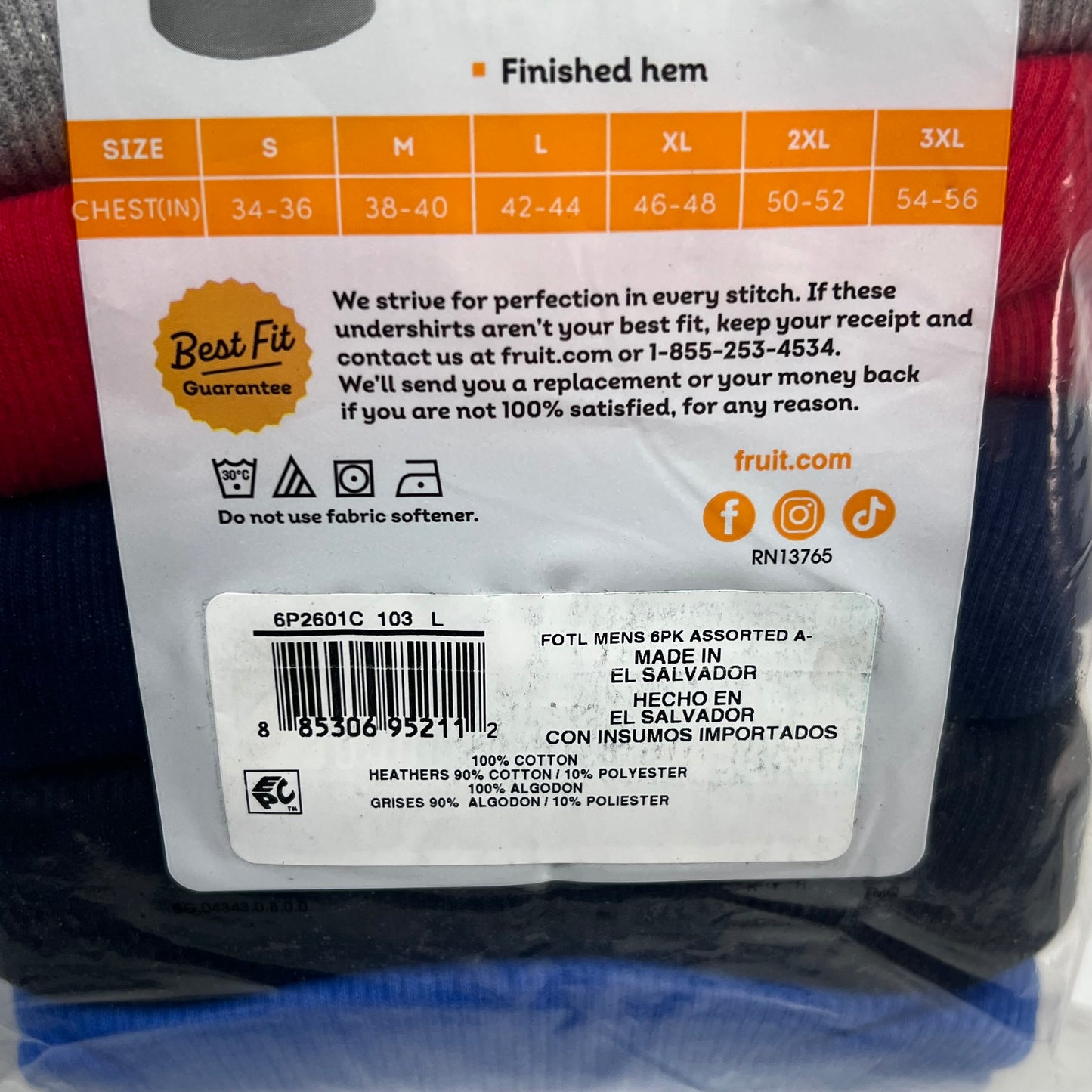 ZA@ FRUIT OF THE LOOM (6 PACK) Tank Top Undershirt Soft Ribbed A-shirts Men's Sz L Assorted Colors 6P2601C
