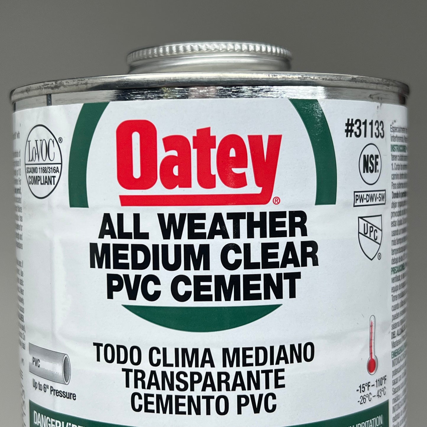 OATEY All Weather Medium Clear PVC Cement Solvent Weld up to 6" Dia 32 fl oz 31133