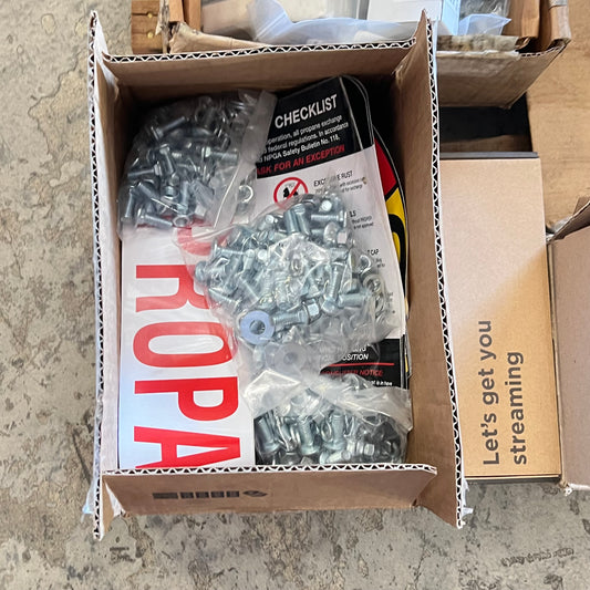 ZA@ Pallet of MIXED Hardware, Brackets, Plastic Tarp, Steel Horse Shoes, Lamination Sheets, & More!!!!! (AS-IS)
