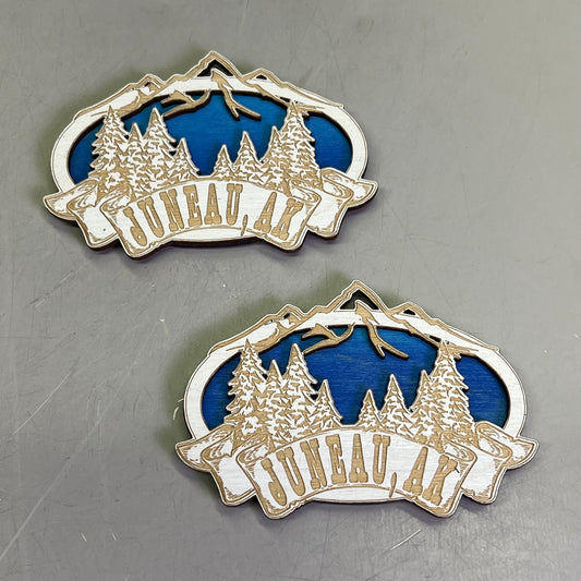 Z@ (2 PACK) Mountain Range Laser Cut Wood Magnet Souvenir JUNEAU, AK Made In USA