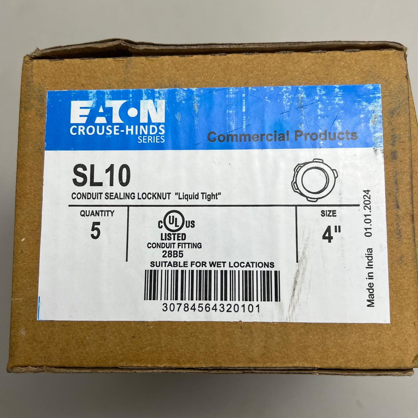 EATON Conduit Sealing Locknut "Liquid Tight" Malleable Iron Zinc Plated 4" SL10