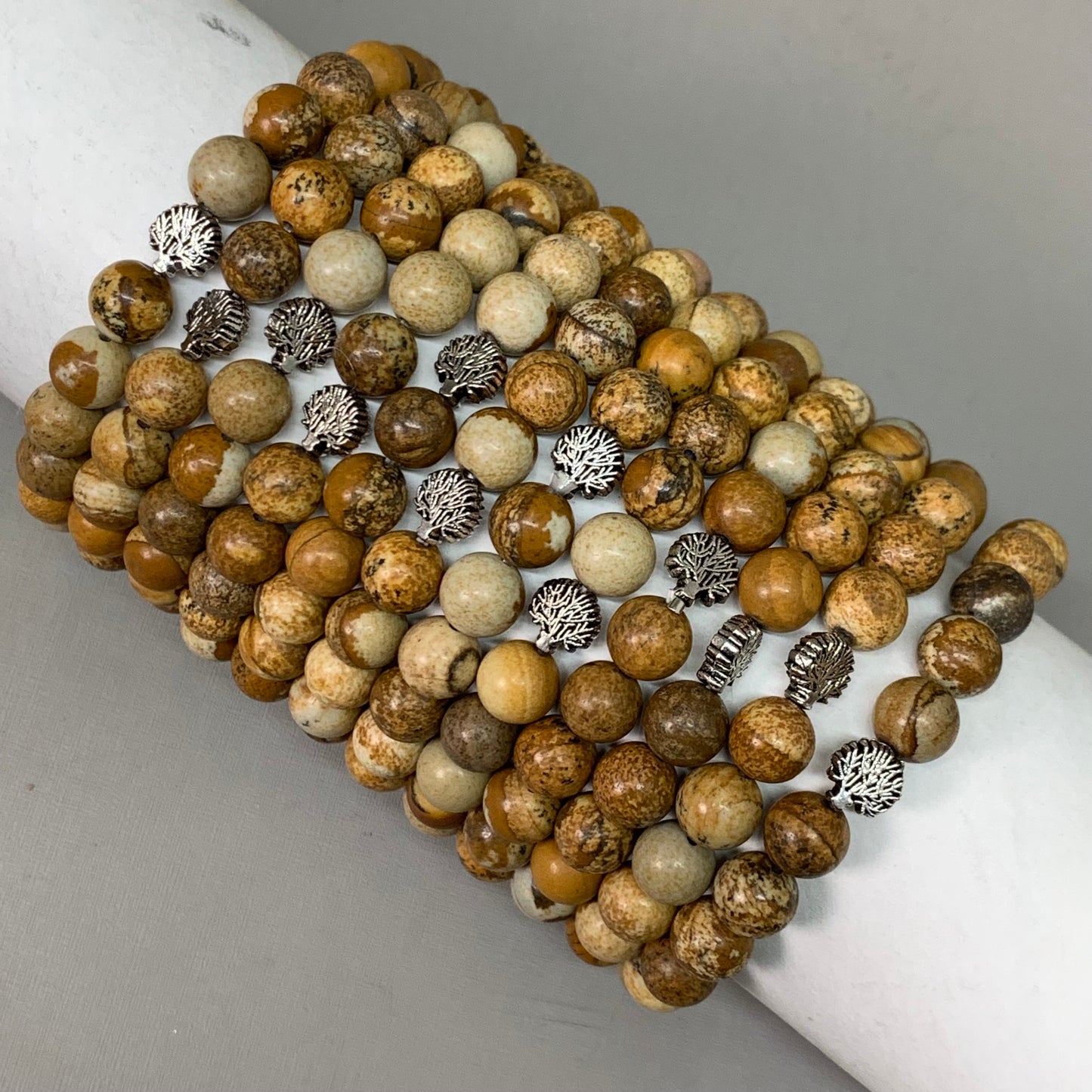 BEST WHOLESALE (12 PACK) Beaded Light Brown Crystal Bracelets 3" Silver Tree New