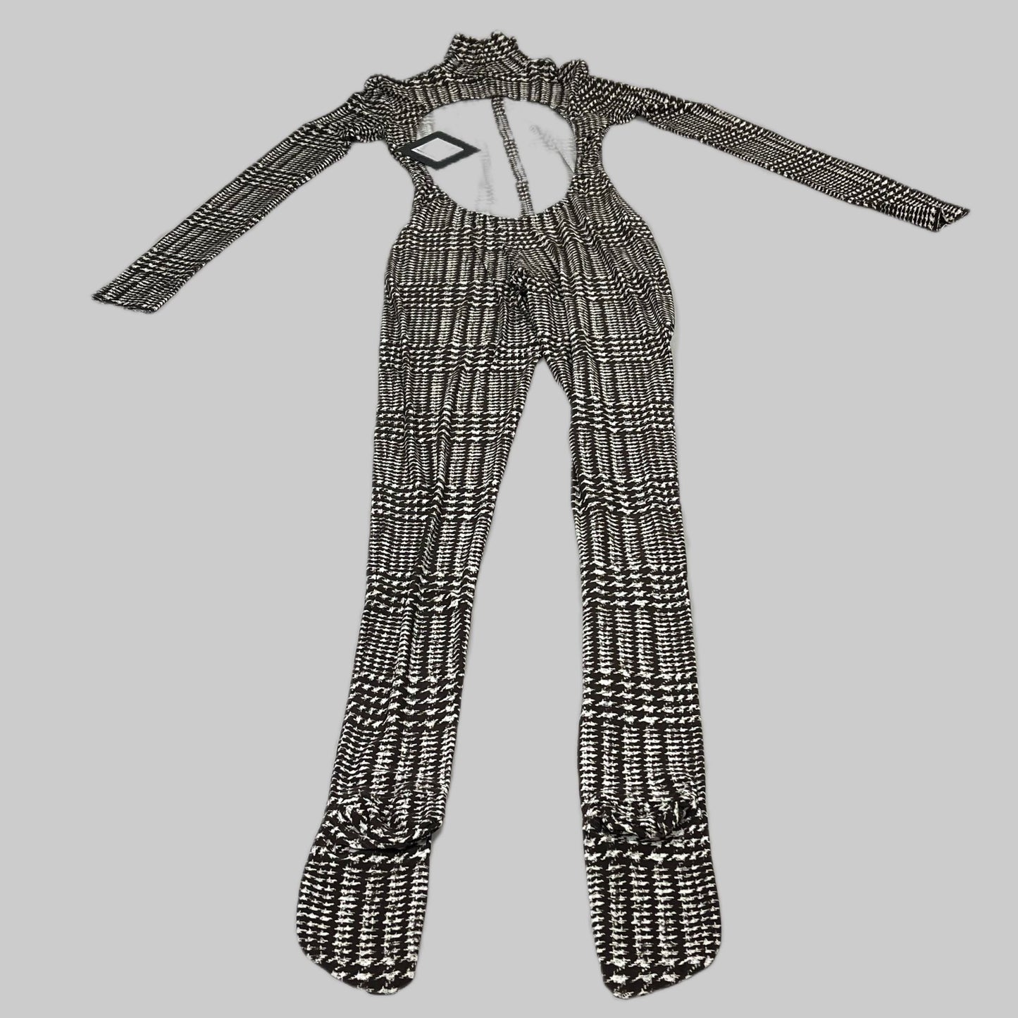 NORMA KAMALI Sleeve Open Back Catsuit Footsie Women's Sz XXS/32 Chocolate Plaid