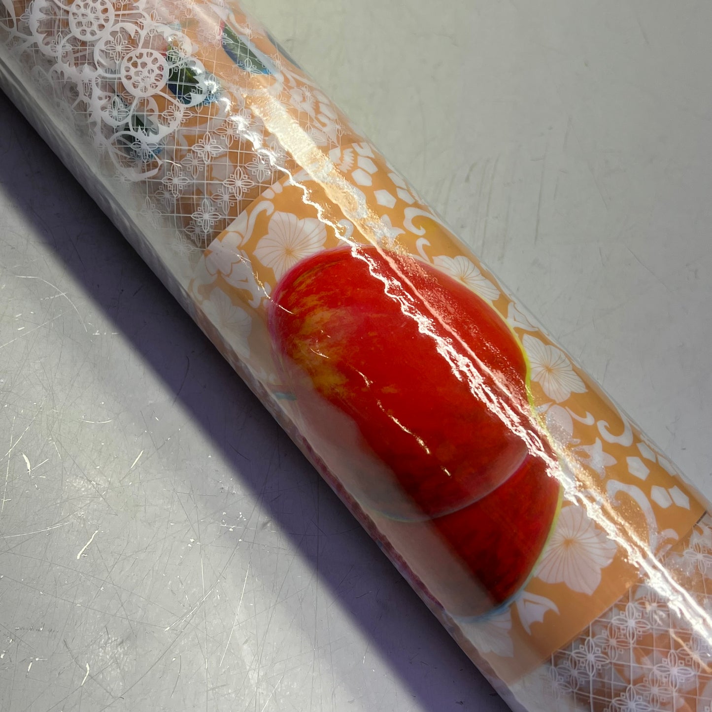PVC Glossy Faux Lace Patchwork Fruit Dining Tablecloth Roll 54"x60' White/Orange