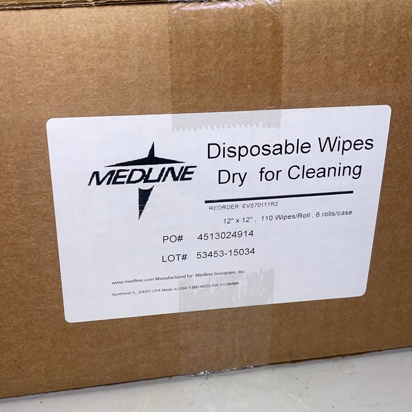 MEDLINE (6 ROLLS, 110 Wipes/Roll) Dry Disposable Cleaning Wipes 12”x 12” White EVS70111R2