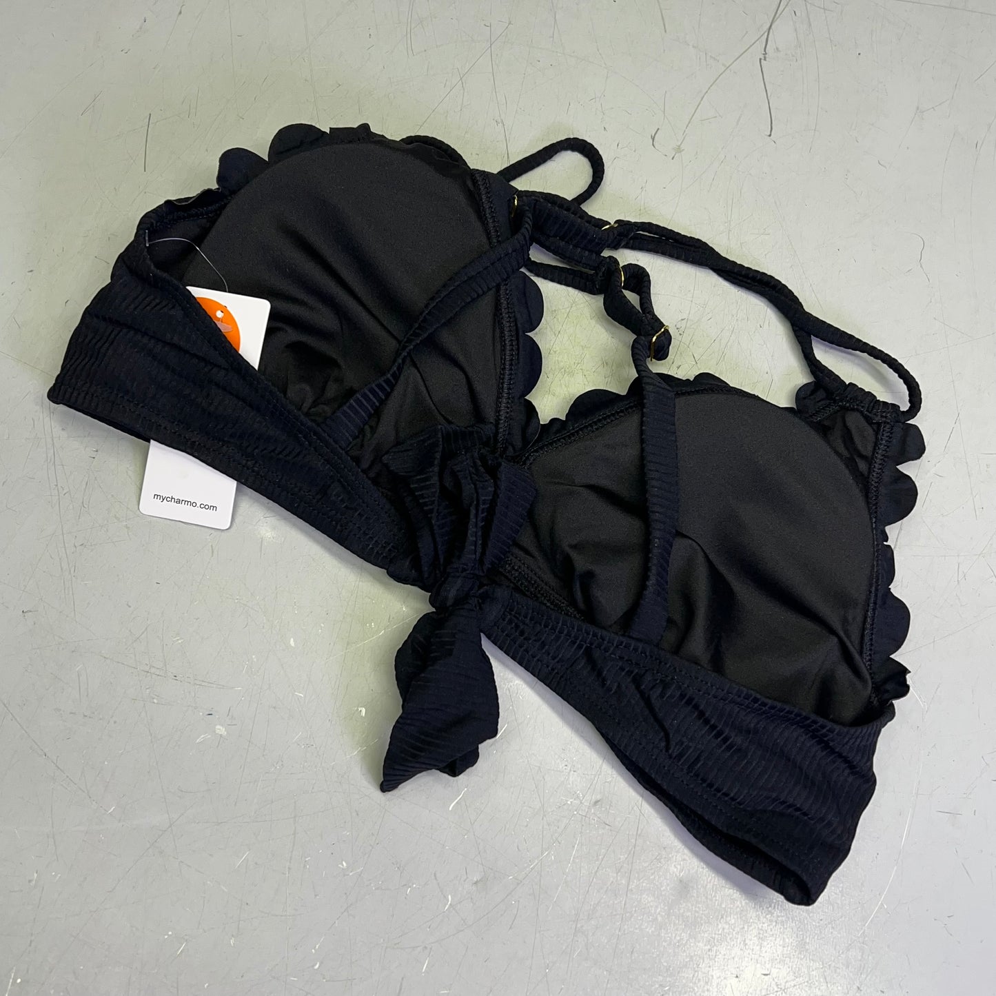 CHARMO Scalloped High Waist Tummy Control Bikini UPF 50 Women's Sz L Black