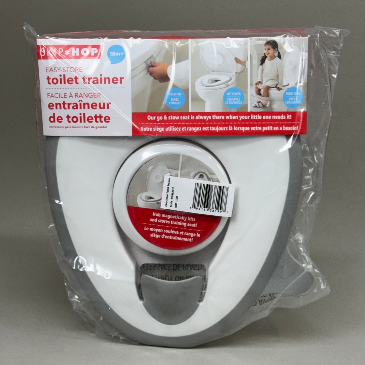 SKIPHOP Easy-Store Toilet Trainer Ages 18M+ Magnetic Hub Non-Slip Rim White Grey