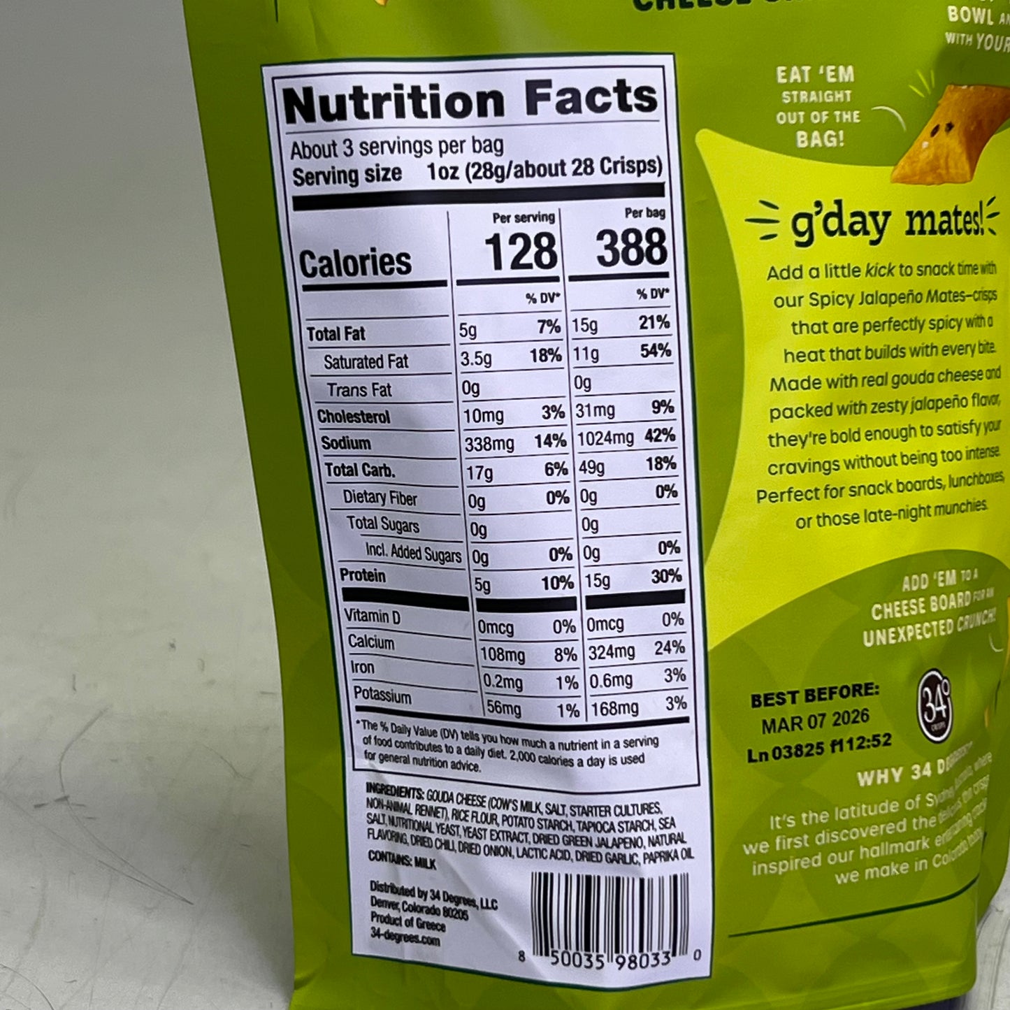 34 DEGREES (4 PACK) Mates Spicy Jalapeño Cheese Crisps 3 oz BB 03/26
