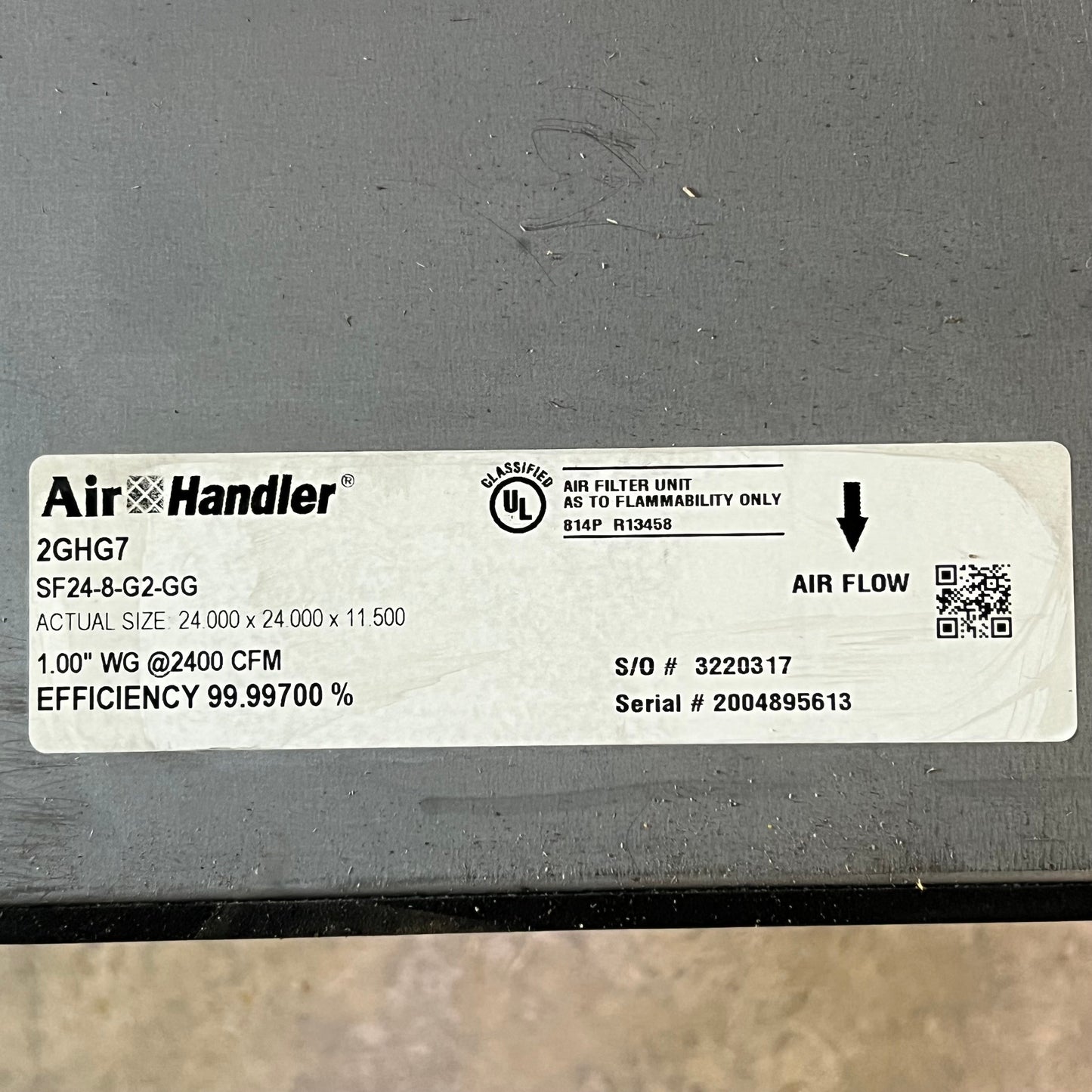 AIR HANDLER Air Handler Air Filter Unit Sz 24"L X 11.5"W X 24"H, Grey 2GHG7