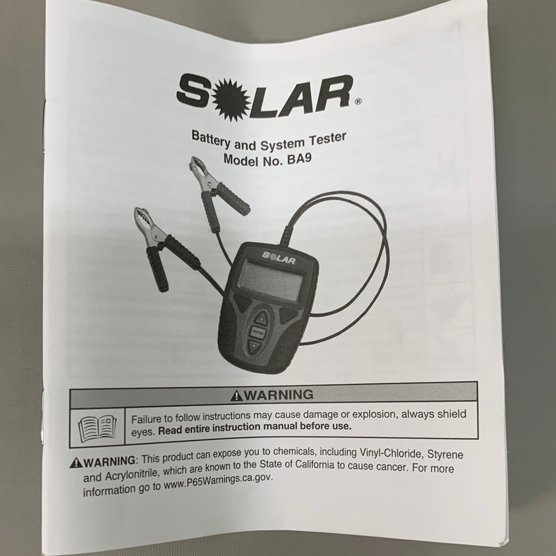 SOLAR Battery & System Tester for 12 Volt Batteries 11" x 7" Black BA9