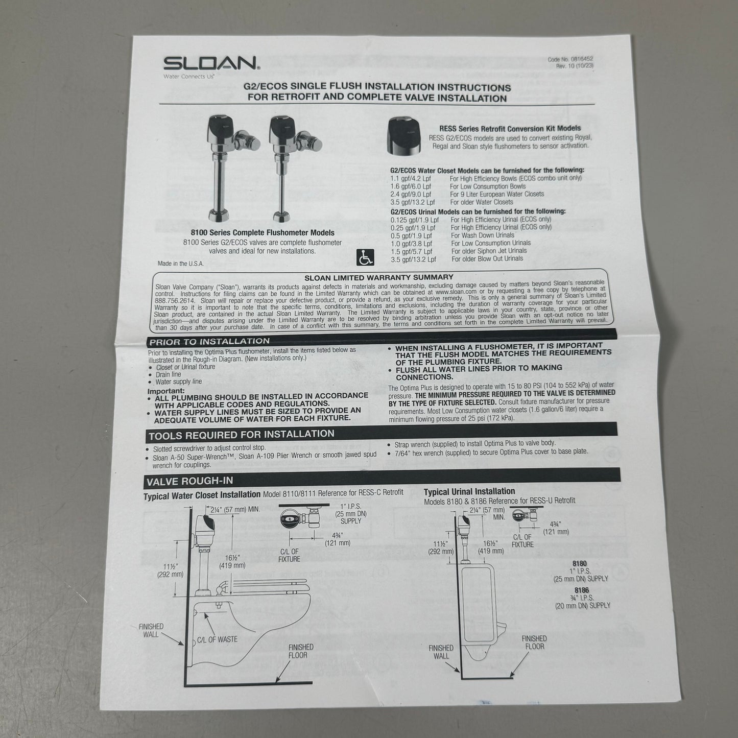 SLOAN G2 Optima Plus 8111 Exposed Sensor Water Closet Flushometer