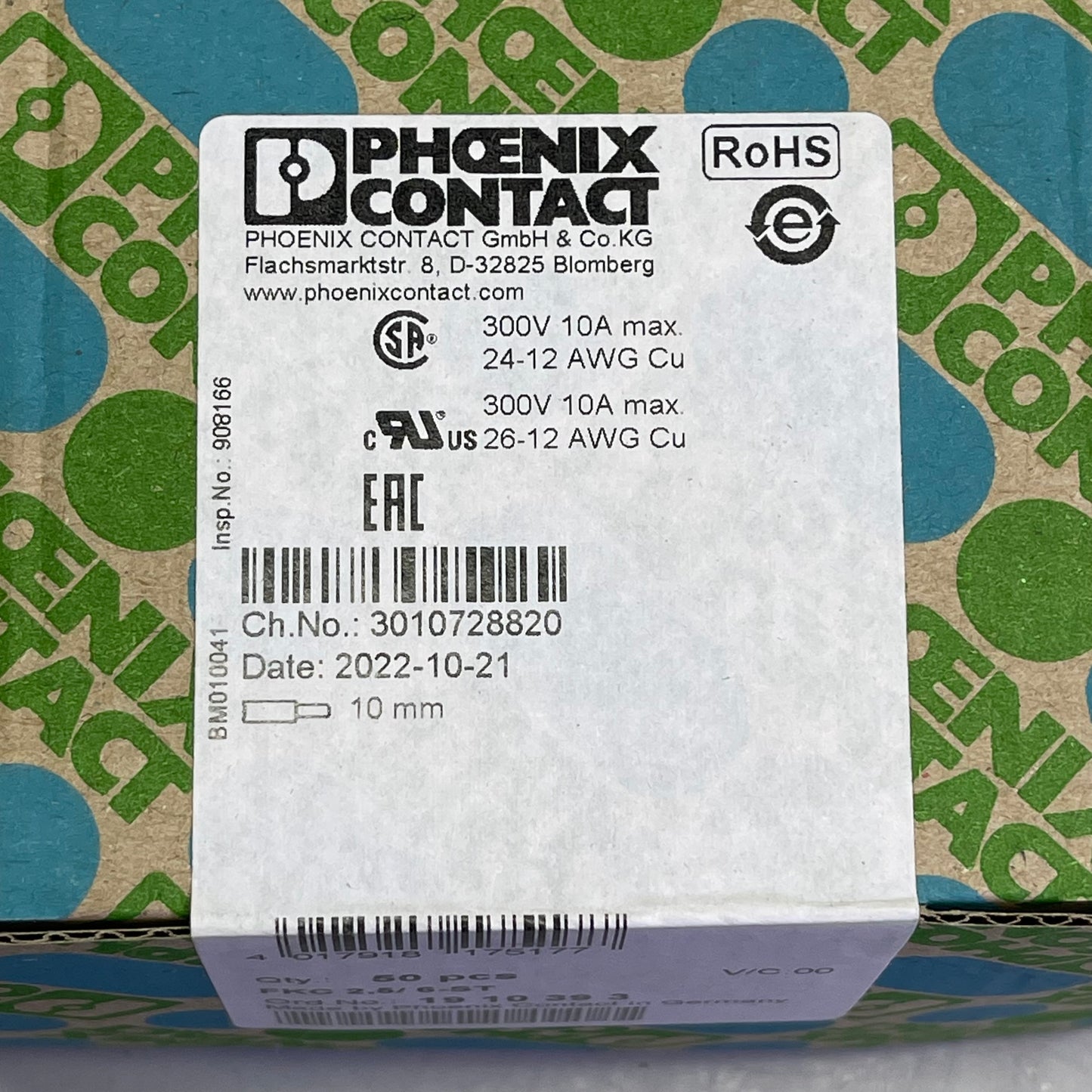 PHOENIX CONTACT (50 PACK) FKC 2,5/6-ST Pluggable Terminal Block Green 1910393