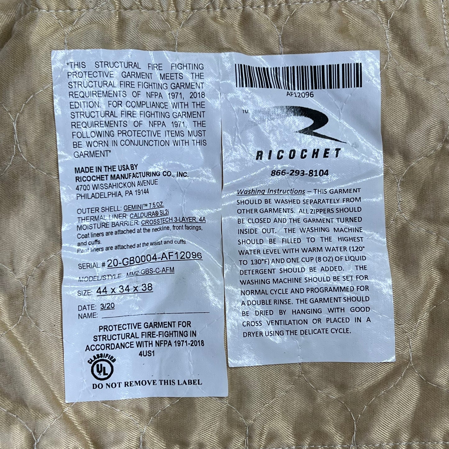 RICOCHET M2 Usaf Coat 44 X 34 X 38 Tan/Reflective MM2-GBS-C-AFM (Pre-Owned)