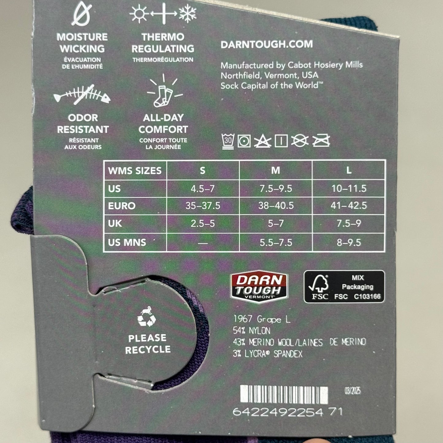 DARN TOUGH Hike/Trek Socks Micro Crew Lightweight Women SZ L 10-11.5 Grape Merino Wool