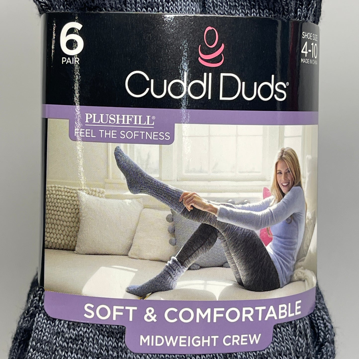 CUDDLE DUDS Super Soft Midweight Crew Socks 6 Pair Black Basic 2 Sz 4-10 (New)