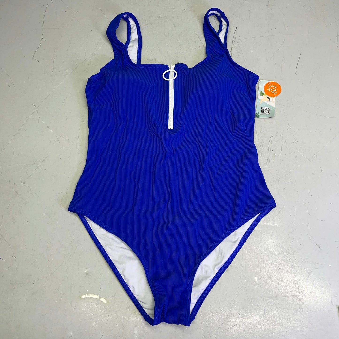 CHARMO Square Neck Half Zip One Piece Swimsuit Women's Sz L Bright Blue/White