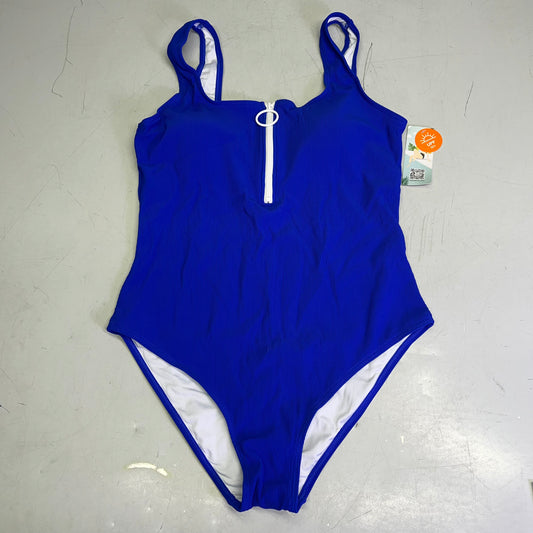 CHARMO Square Neck Half Zip One Piece Swimsuit Women's Sz L Bright Blue/White
