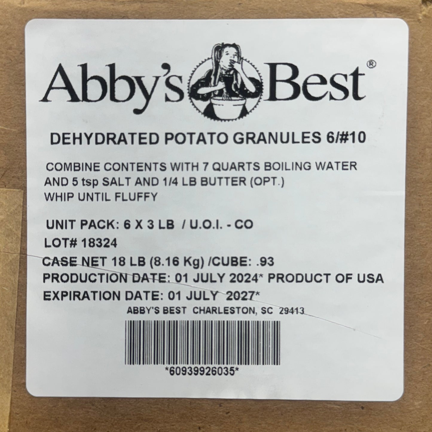 ABBY’S BEST (6 PACK, 3 lbs Each) Instant Potato Granules BB 07/27