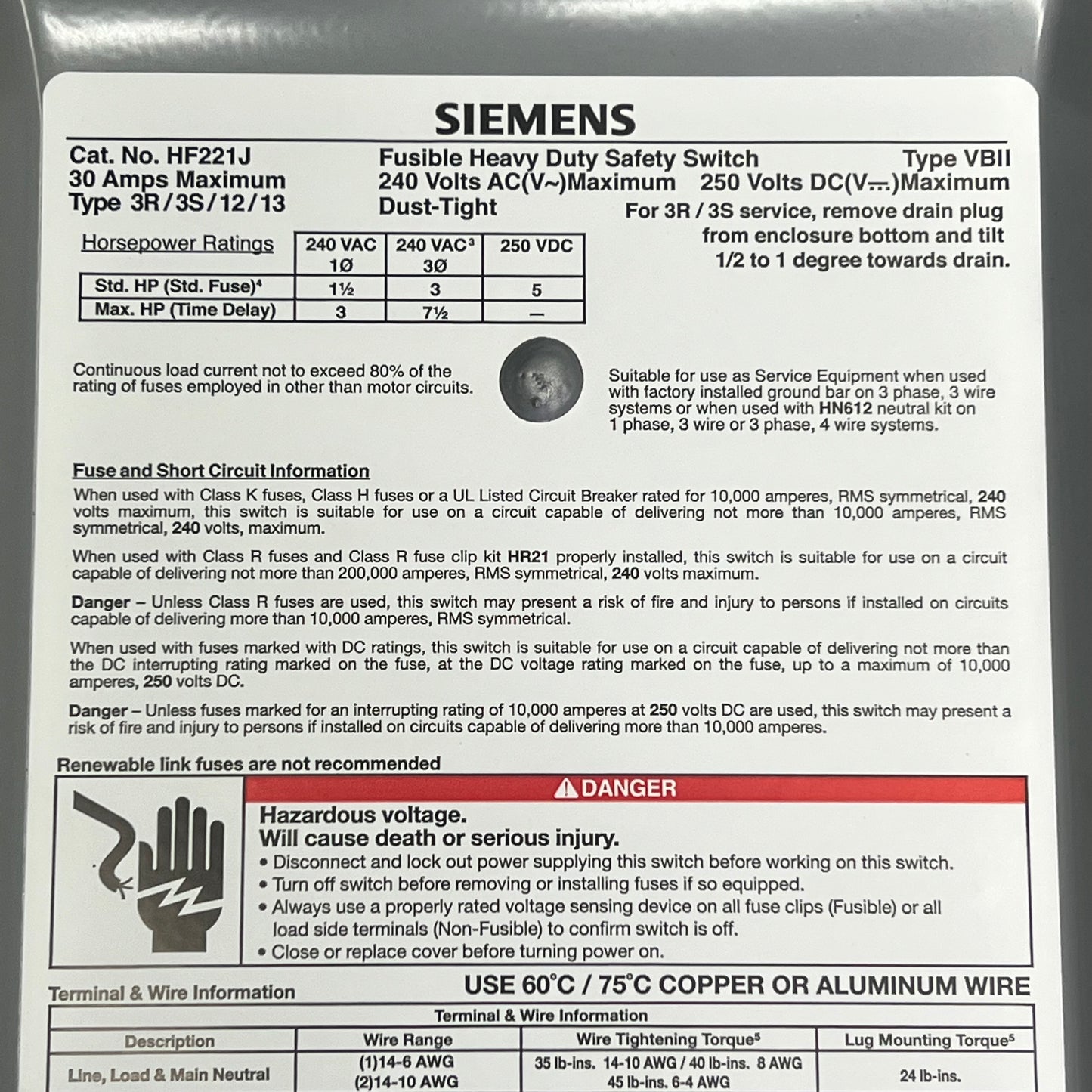 SIEMENS Low Voltage Circuit Protection Heavy Duty Safety Switch 2 Pole HF221J