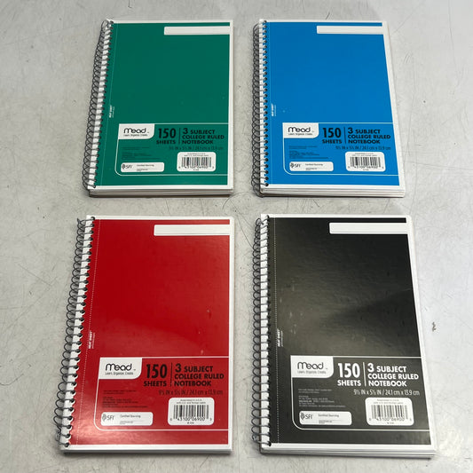 MEAD (4 PACK) 150 Sheets 3 Subject College Ruled Notebook 9 1/2" x 5 1/2" 06900