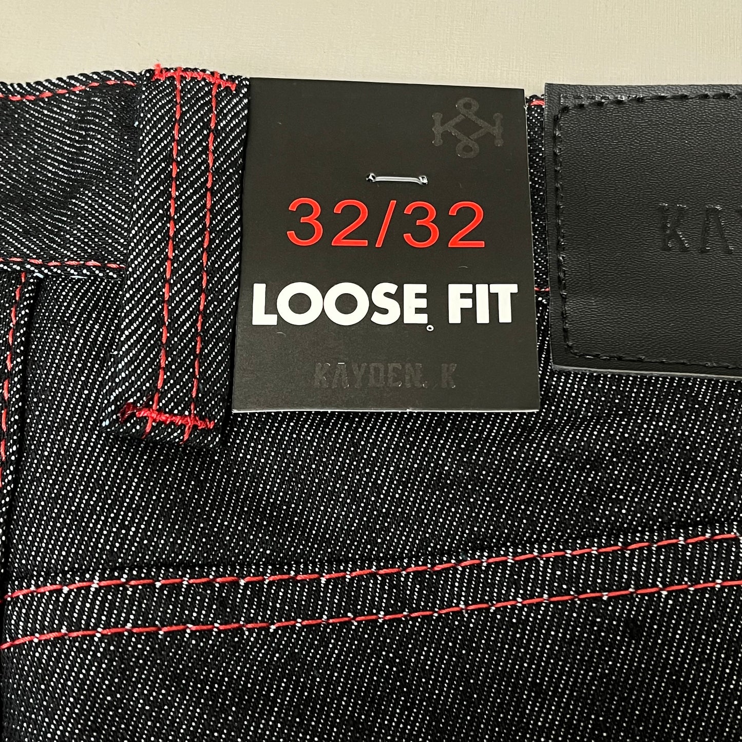 KAYDENK Raw Loose Fit Unwashed Denim Contrast Stitch Jean Men SZ 32/32 Black/Red