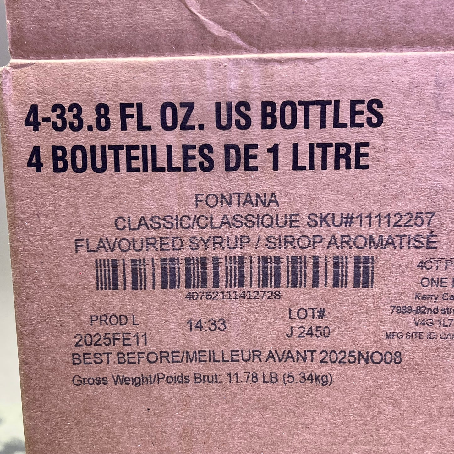 ZA@ STARBUCKS (4 PACK) Fontana Classic Syrup 33.8 fl oz/bottle BB 11/25 11112257